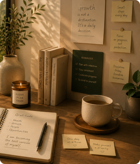 Aesthetic desk setup with books and coffee